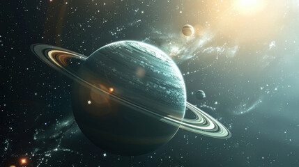 A stunning view of a distant planet with rings.