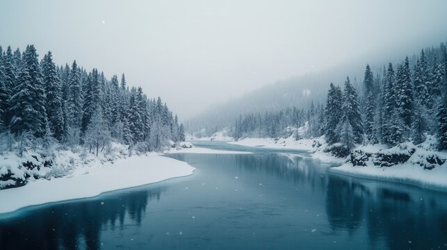Snowy river flows gently through a winter wonderland of spruce trees and heavy drifts