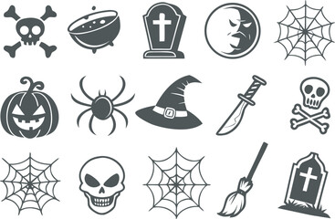 Set of 15 monochrome Halloween icons on a white background collection