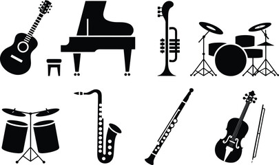 Collection of diverse musical instrument and audio icons including notes microphones and headphones presented as a silhouette isolated on white background
