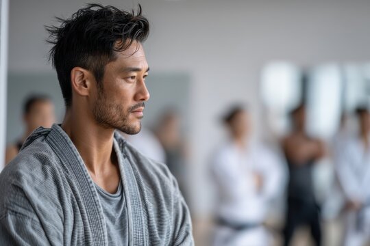 Young Asian man appears hesitant in self-defense class at dojo focusing on learning essential skills - Powered by Adobe