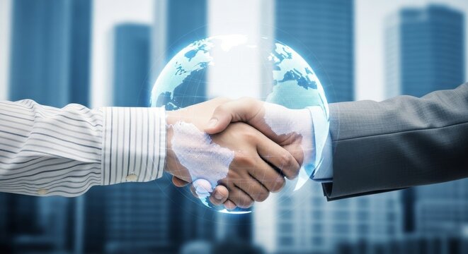 Two professionals shake hands in front of a glowing digital globe, symbolizing a global business agreement and partnership
