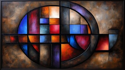 Geometric abstract composition with intersecting shapes and vibrant colors.