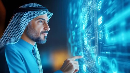 Mature man in traditional headwear touching futuristic holographic interface with digital network visualization. Technological interaction showcasing advanced digital transformation concept. - Powered by Adobe