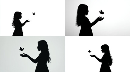 Silhouette of a girl with long hair holding her hands out to a butterfly, creating a magical moment.