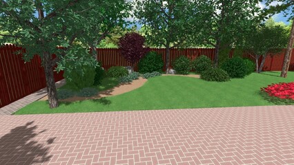 3d image of the landscape design of the home territory. Landscaping of the territory. Computer visualization of composite landscaping and landscaping solutions.