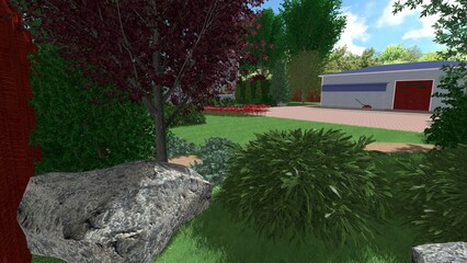 3d image of the landscape design of the home territory. Landscaping of the territory. Computer visualization of composite landscaping and landscaping solutions.