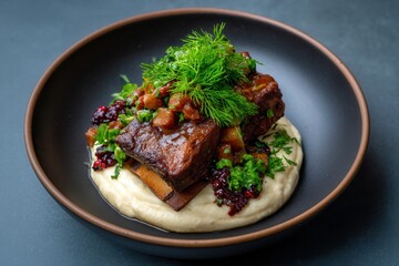 Bison short rib delectably layered on creamy mash, featuring chef justin leboe's smoked creation