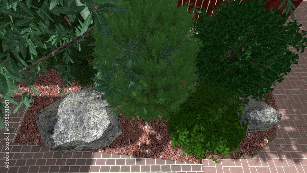 Poster 3d image of the landscape design of the home territory. landscaping of the territory. computer visua