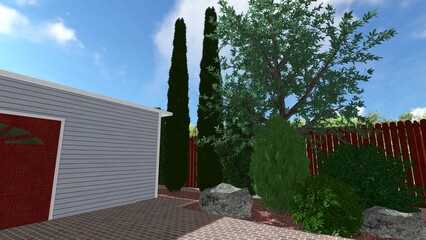 3d image of the landscape design of the home territory. Landscaping of the territory. Computer visualization of composite landscaping and landscaping solutions.