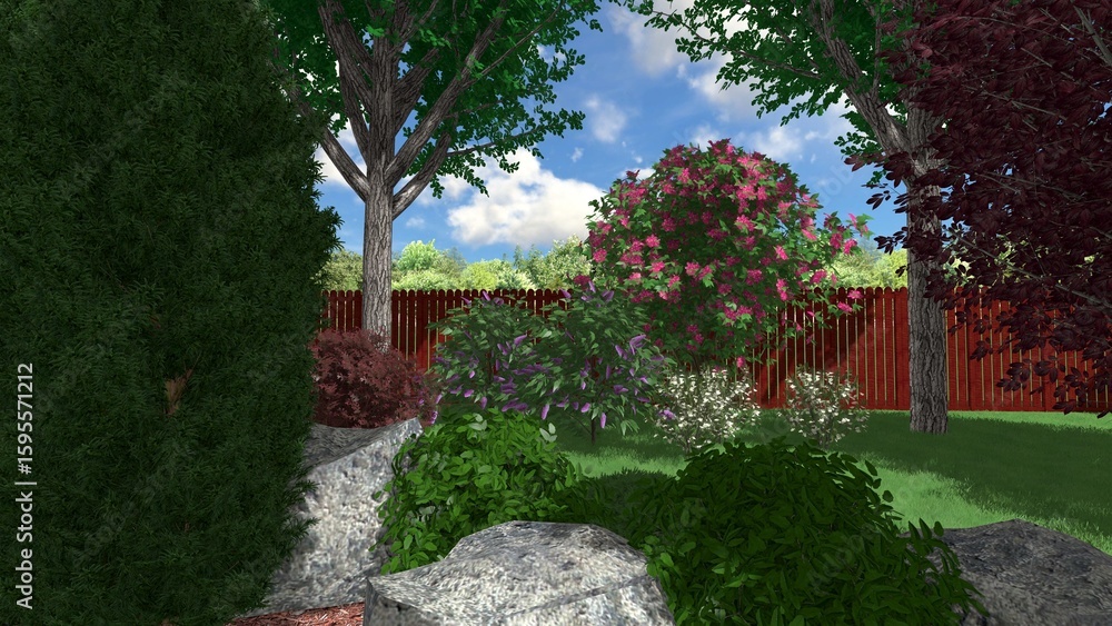 Poster 3d image of the landscape design of the home territory. landscaping of the territory. computer visua