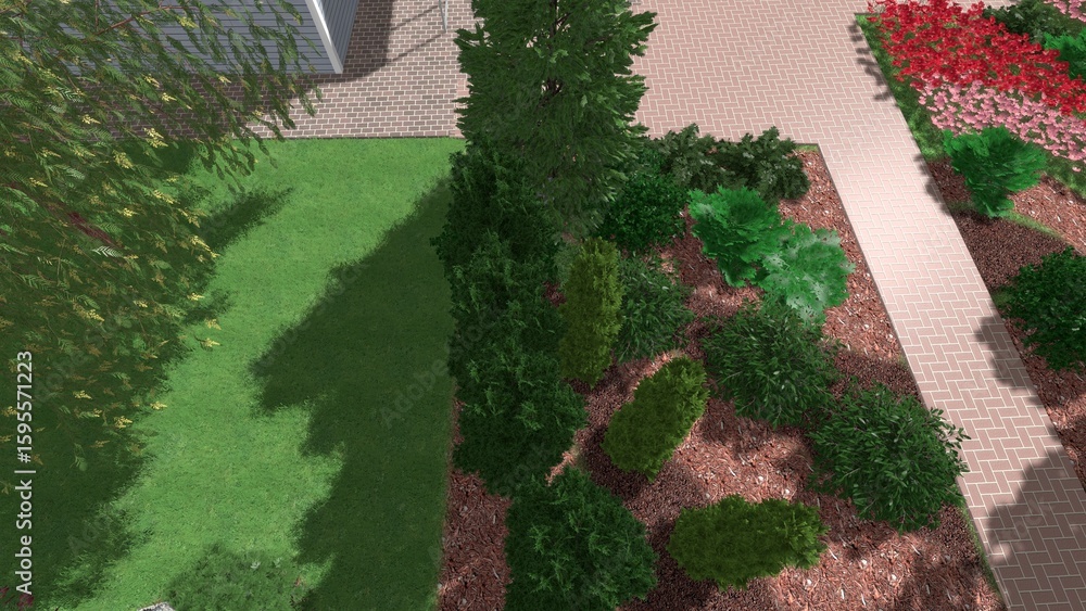 Aufkleber 3d image of the landscape design of the home territory. landscaping of the territory. computer visua