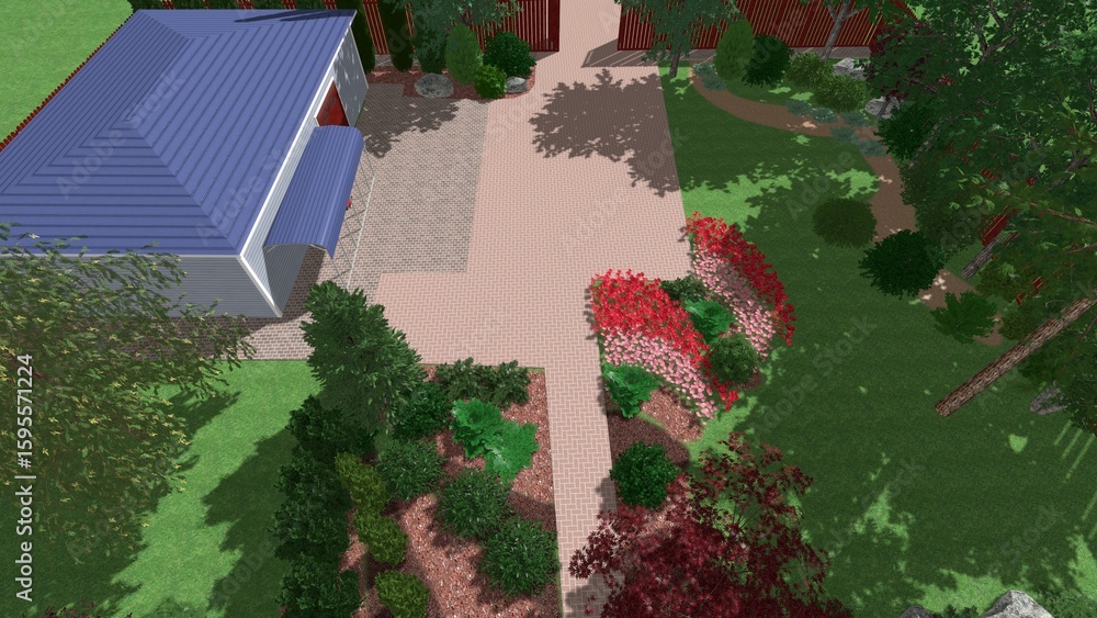 Aufkleber 3d image of the landscape design of the home territory. landscaping of the territory. computer visua
