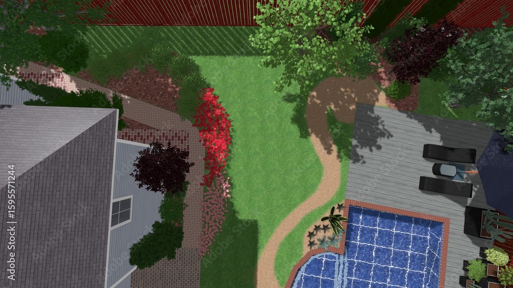 Aufkleber 3d image of the landscape design of the home territory. landscaping of the territory. computer visua