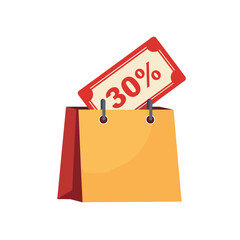 Shopping bag with thirty percent discount tag on light background
