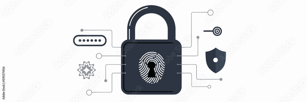 Poster lock with keyhole fingerprint and security badge icons – great for access control, id verification, 