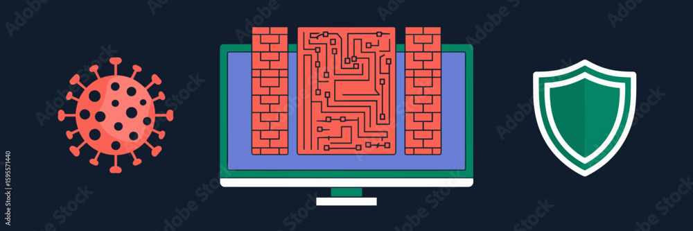 Poster computer screen showing virus, firewall, and antivirus icons – ideal for desktop security interfaces