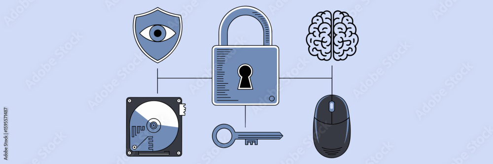 Poster cybersecurity icon set with padlock, brain, and key – suitable for data privacy visuals, it branding