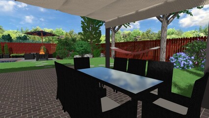 3d image of the landscape design of the home territory. Landscaping of the territory. Computer visualization of composite landscaping and landscaping solutions.