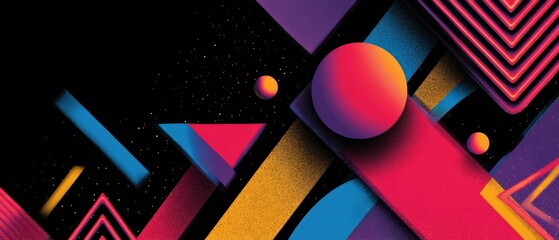 Vibrant Retro Abstract Background with Geometric Shapes and Neon Accents in a Dark Cosmic Space for 80s and 90s Nostalgia