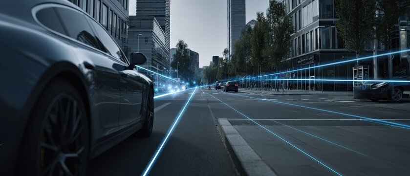 Autonomous car driving on city street with lidar technology, selfdriving vehicle navigating urban environment with sensor data visualization Concept of future transportation and smart city