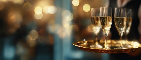 Elegant champagne flutes filled with sparkling wine on a golden tray at a celebratory event with bokeh lights, conveying luxury and festive mood