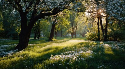 Naklejka premium Sunlight streams through a park filled with trees and wildflowers.