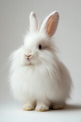 Fluffy angora rabbit poses elegantly on a pristine white backdrop in the Studio