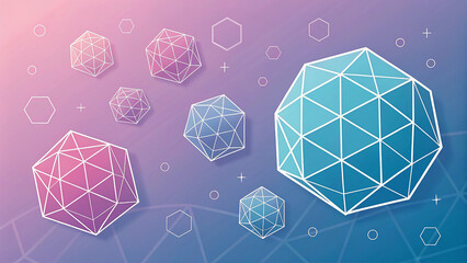 Abstract geometric crystal shapes with glowing outlines and a soft gradient background in pink and blue tones