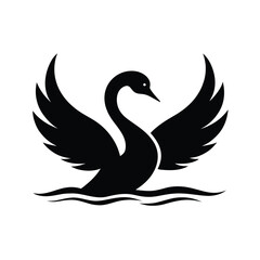 Elegant black silhouette of a flying swan above its partner
