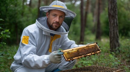 A beekeeper in a white protective suit and veil kneels, holding a golden honeycomb frame filled with many bees. He works in a green forest overseeing local honey production craft.