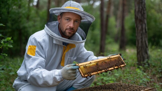 A beekeeper in a white protective suit and veil kneels, holding a golden honeycomb frame filled with many bees. He works in a green forest overseeing local honey production craft.