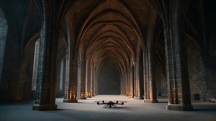 A drone inside a gothic cathedral showcases the architectural grandeur and technological advancement.