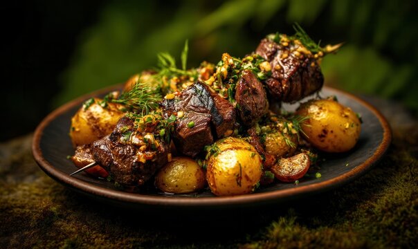 Enjoying anticuchos de corazon with smoky grilled beef heart skewers and golden potatoes at dusk