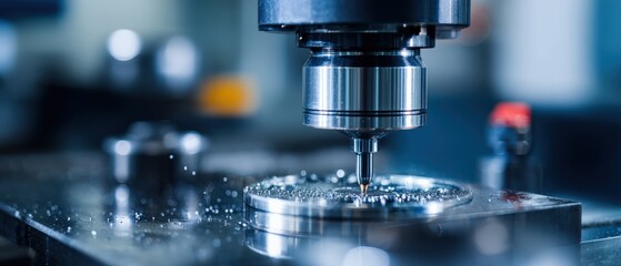 Precision CNC Milling Machine Cutting Metal, HighTech Manufacturing Process with Coolant Concept of industrial technology, engineering, and automation