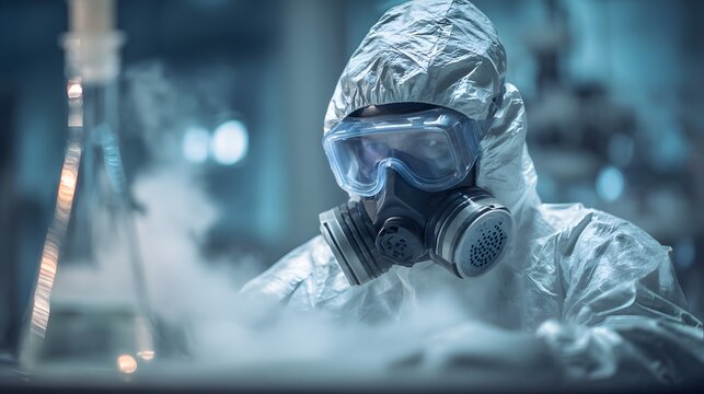A scientist in a protective suit and gas mask conducts research in a lab with steam. - Powered by Adobe