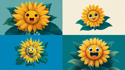 Four cheerful sunflowers with happy faces and vibrant yellow petals, colorful collage.