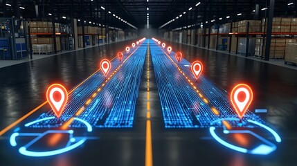 Projected navigation path with location markers in a warehouse.