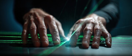 Senior mans hands typing on glowing green keyboard in dark room Concept of cyber security, hacking, coding, and technology