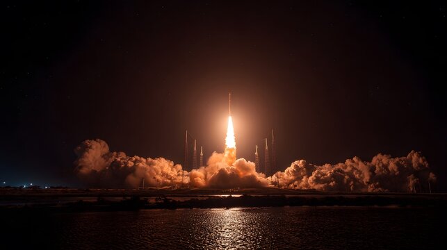 Spectacular rocket launch at night with bright flames and billowing smoke.