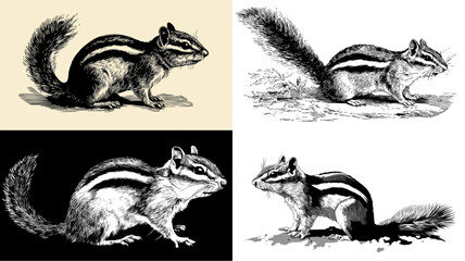 Four chipmunk illustrations showcase detailed line art and varied monochrome backgrounds.