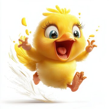Funny cartoon chick running joyfully on a white background