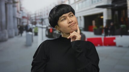 Woman pondering on a bustling city street in an urban area with a thoughtful expression, wearing black clothing as people move in the background creating a lively atmosphere.