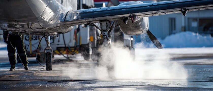Aircraft deicing on a cold winter day at the airport Ground crew deicing airplane with glycol spray to remove ice and snow Concept of aviation safety and winter operations