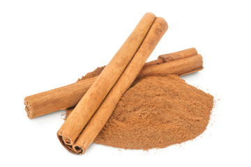 Cinnamon sticks and powder isolated on white background with full depth of field