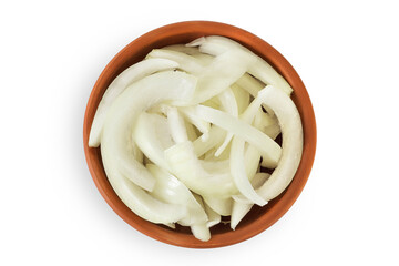 Onion slices in a ceramic bowl isolated on a white background. Top view. Flat lay.