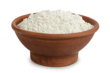 White flour in ceramic bowl isolated on white background