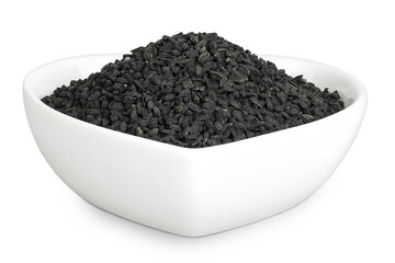 Nigella sativa or Black cumin in ceramic bowl isolated on white background