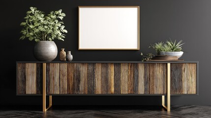 Reclaimed wood sideboard with potted plants and blank artwork.