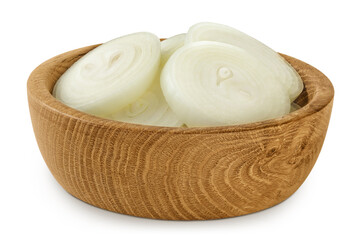 Onion slices in a wooden bowl isolated on a white background.